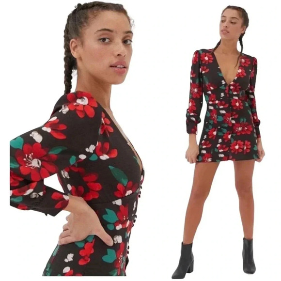URBAN OUTFITTERS | Michelle Plunging Red & Black Floral Mini Dress Size XS - Picture 2 of 8